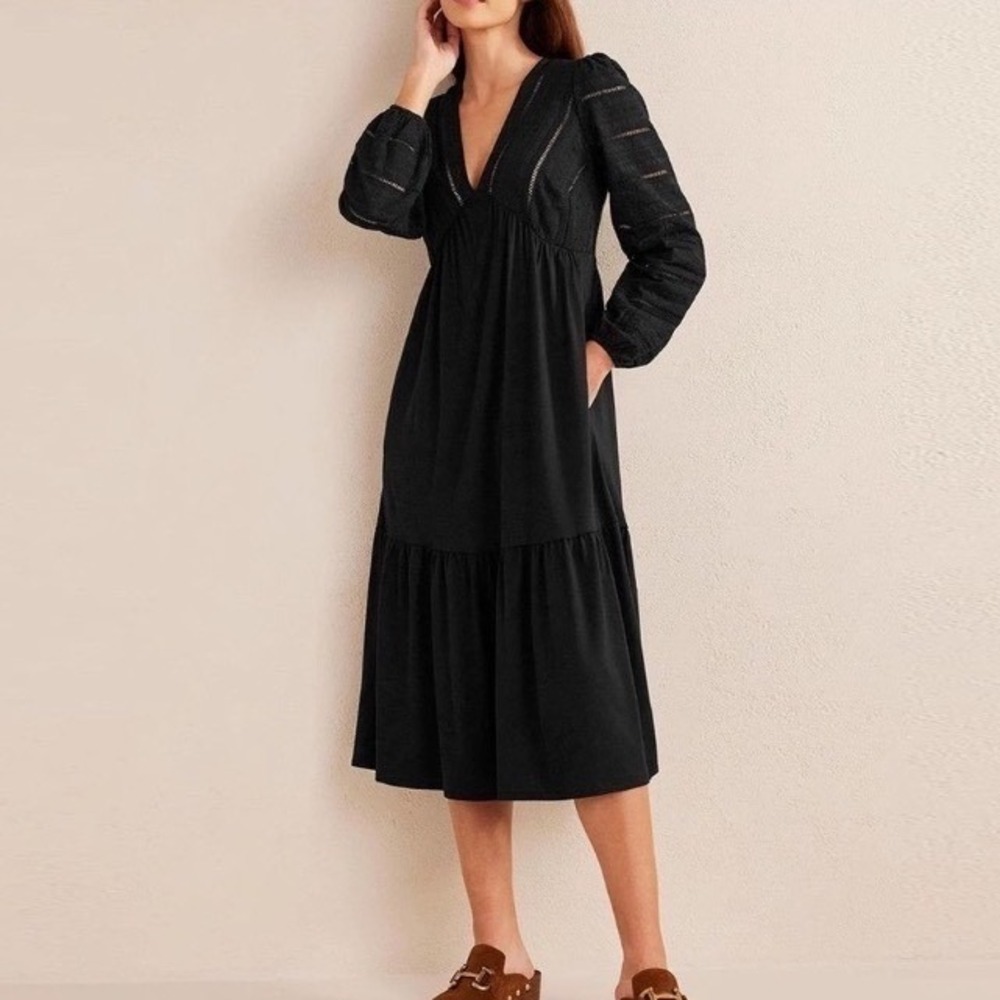 Boden woven mix midi jersey dress black eyelet detail‎ cottagecore fall Size 2R